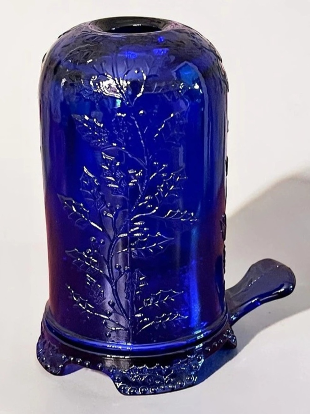 Mosser Holly Berry Fairy Lamp with Finger Hold Cobalt Blue Glass MINT!